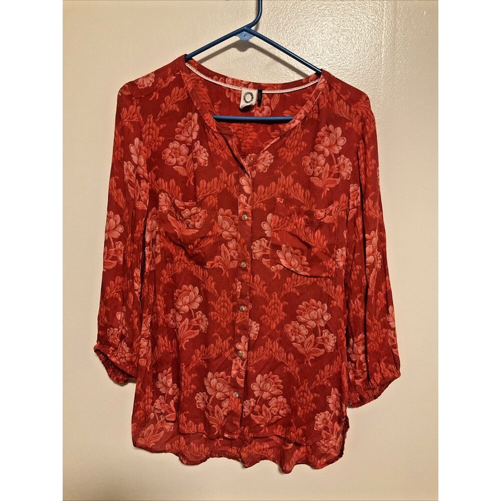 Anthro Akemi + Kin Women’s L Floral Scarlet Peasant Blouse Button Front